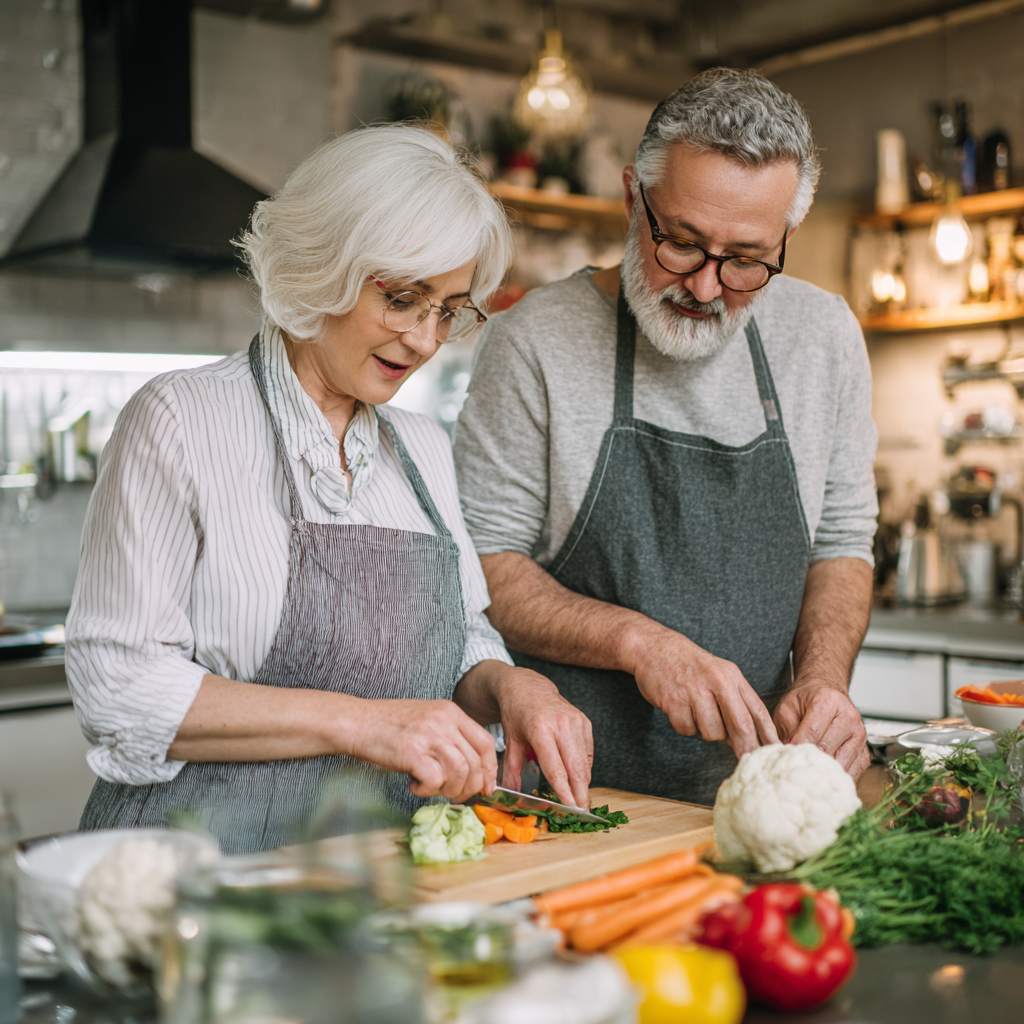 Mature adults preparing healthy meal together in modern kitchen