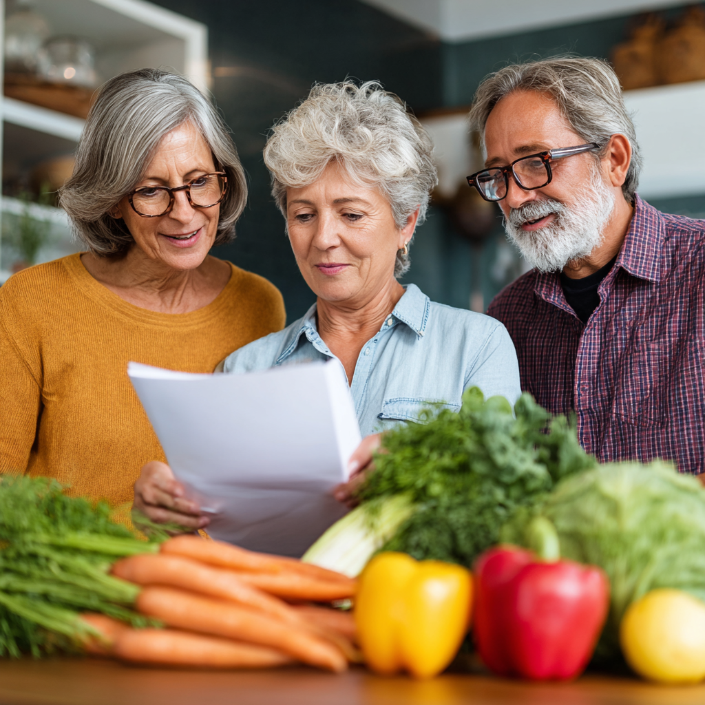 Middle-aged woman and man reviewing personalized nutrition plan with dietary specialist